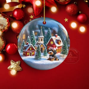 Snow globe style design personalized ceramic bernedoodle ornament with a warm backdrop Christmas dog ornament with festive winter scene.  Great gift idea for doodle moms and doodle dog lovers!