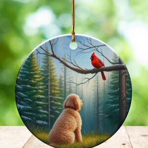 Cardinal and Goldendoodle Ornament, Stained-Glass Looking Design, Cardinal gift, Mothers Day Gift, Bird Lovers Gift, Dog Mom Gifts