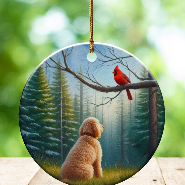 Cardinal and Goldendoodle Ceramic Ornament, Oil Paint Design