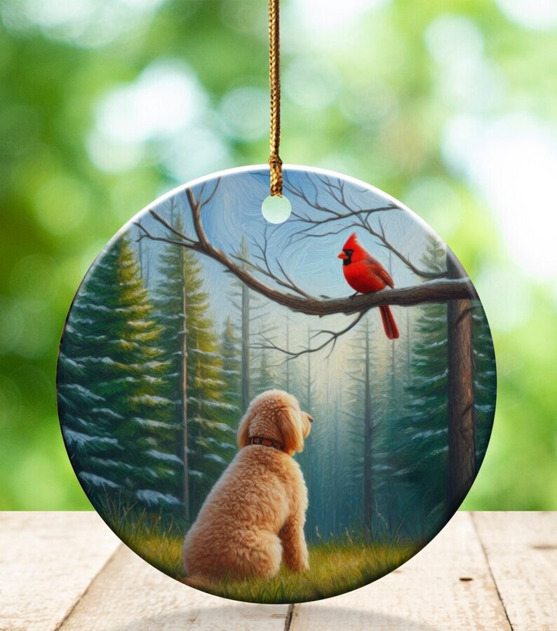 Cardinal and Goldendoodle Ornament, Stained-Glass Looking Design, Cardinal gift, Mothers Day Gift, Bird Lovers Gift, Dog Mom Gifts