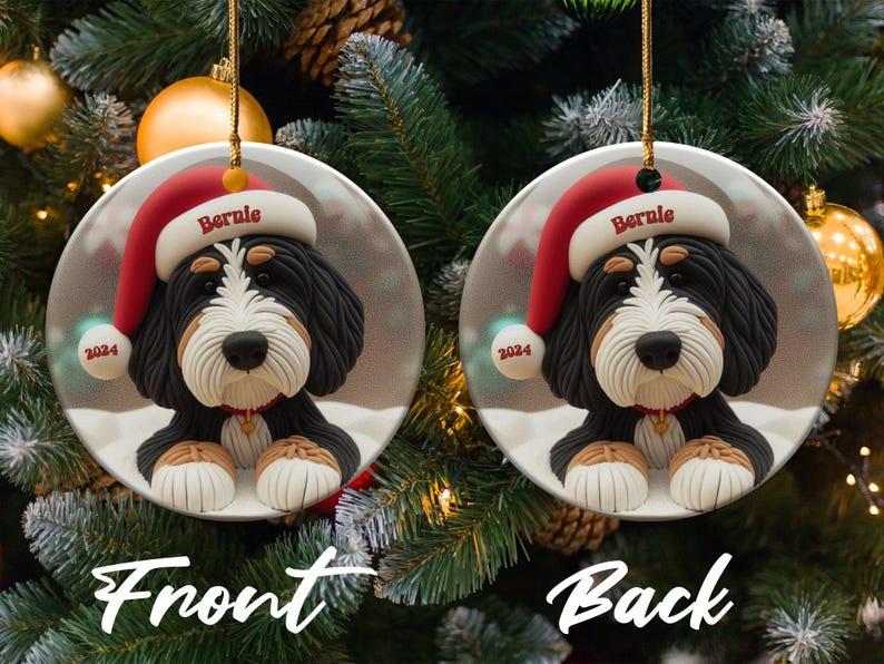 Decorazione natalizia Bernedoodle, ricordo personalizzato per cani - Ceramica a sublimazione / Regalo con nome personalizzato / Decorazione festiva per l'albero di Natale immagine 6