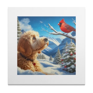 Cuadro de perro Doodle y cardenal, escena invernal. imagen 8