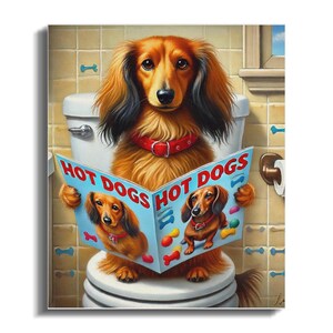 Red long-haired dachshund using the restroom on toilet reading a magazine like a human.