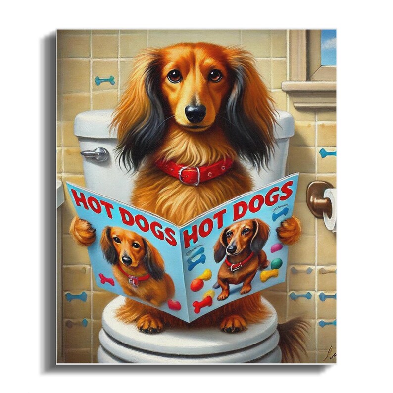 Red long-haired dachshund using the restroom on toilet reading a magazine like a human.