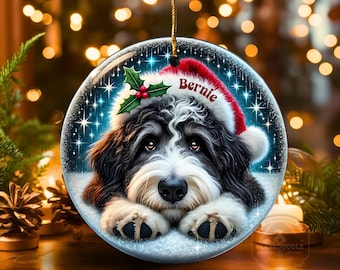 Può includere: Un ornamento natalizio rotondo con un cane nero, bianco e marrone con un cappello da Babbo Natale con il nome "Bernie". L'ornamento ha uno sfondo innevato e un cordino dorato per appenderlo. Presenta un rametto di agrifoglio.