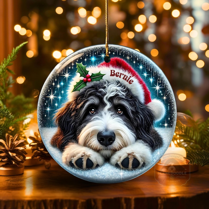 May include: A round Christmas ornament featuring a black, white, and brown dog wearing a Santa hat with the name "Bernie". The ornament has a snowy background with a gold string for hanging. The ornament has a holly berry sprig.