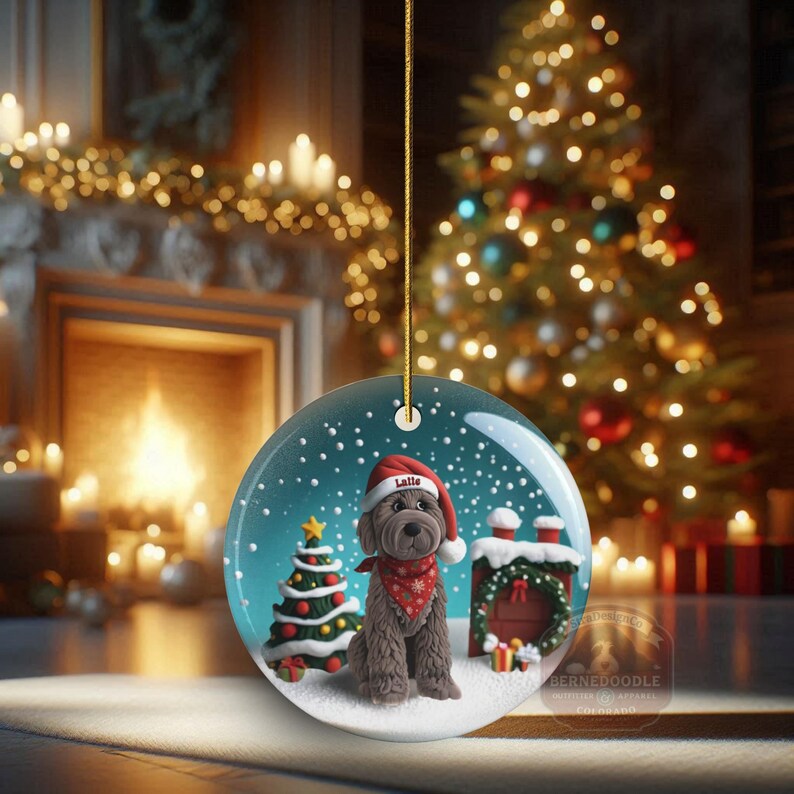 May include: A round Christmas ornament featuring a brown dog wearing a Santa hat and red bandana. The ornament has a snowy scene with a Christmas tree and a decorated chimney. The dog's hat says "Latte".