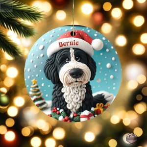 Cute clay style bernedoodle looking worried that Santa isnt coming.  Personalized bernedoodle ornament.