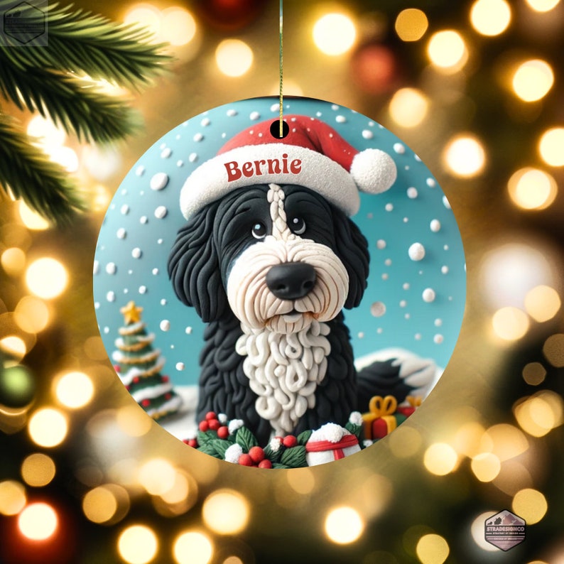 Cute clay style bernedoodle looking worried that Santa isnt coming.  Personalized bernedoodle ornament.