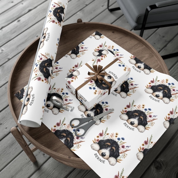 Bernedoodle Gift Wrap, Floral Dog Lover Wrapping Paper