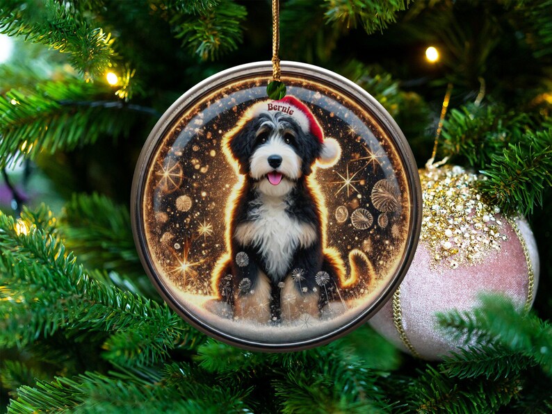 Ozdoba Bernedoodle, świąteczna czapka Mikołaja | Sublimacja | Spersonalizowana pamiątka świąteczna zdjęcie 8