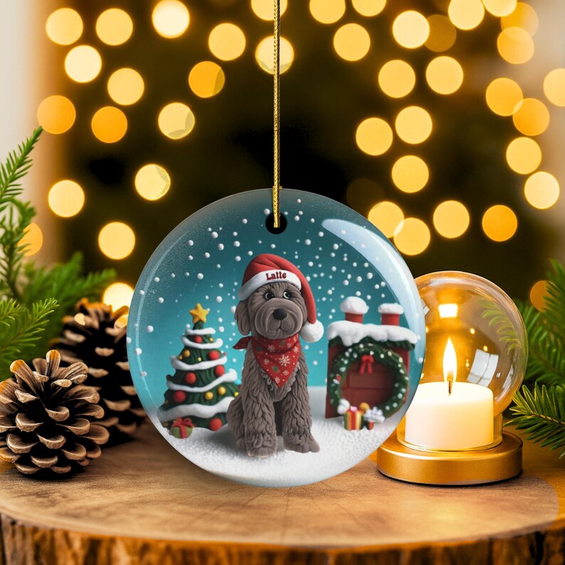 May include: A round Christmas ornament featuring a brown dog wearing a Santa hat and a red bandana. The ornament has a winter scene with a Christmas tree and a snowy background. The dog's name, "Laffe", is on the hat.