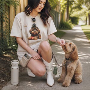 A woman in casual attire is kneeling down and petting a small brown dog on a leash, with a water bottle and a phone in the foreground.