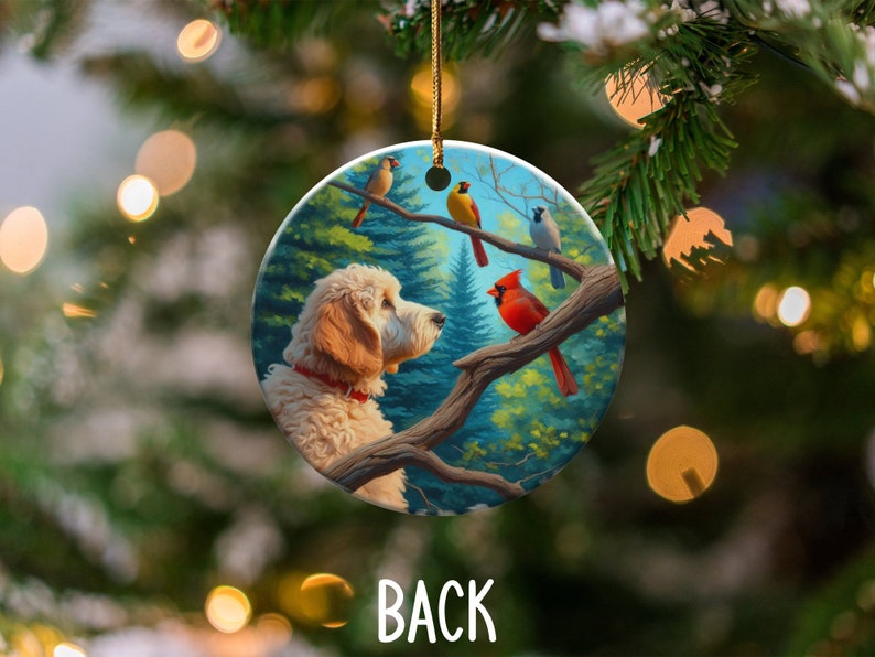 Keramikornament mit Kardinal und Goldendoodle, Design im Ölgemälde-Stil, Geschenk für Kardinalliebhaber, Muttertag, Vogelliebhaber, Geschenk für Doodle-Mütter Bild 10