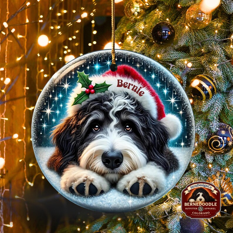 May include: A round Christmas ornament featuring a Bernedoodle dog wearing a Santa hat with the name "Bernie". The ornament has a snowy background with stars and holly. The ornament is hanging from a gold string.