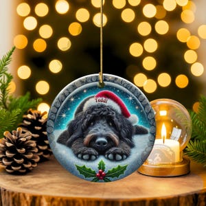 Black goldendoodle ceramic ornament with two sided design.  Black golden doodle , black bernedoodle dog decor.