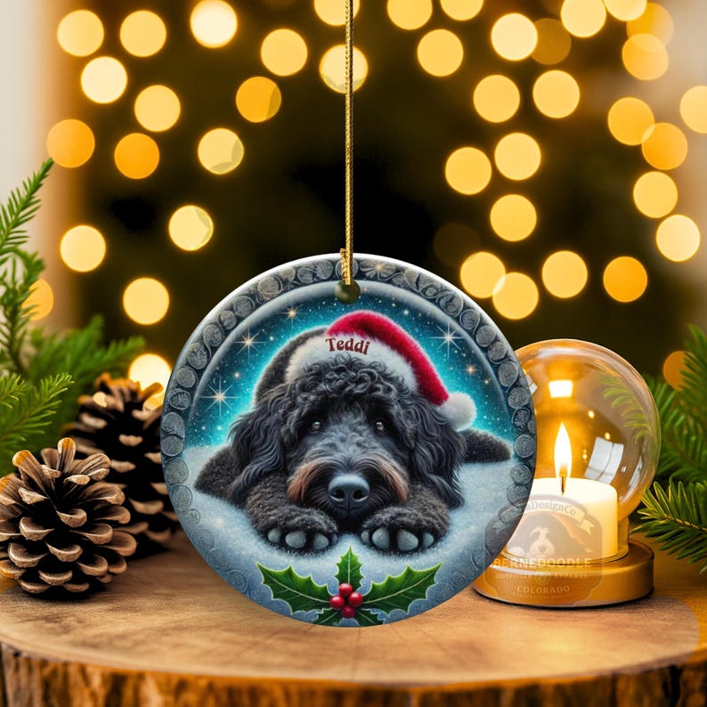 Black goldendoodle ceramic ornament with two sided design.  Black golden doodle , black bernedoodle dog decor.