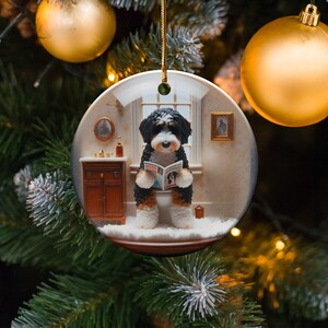 Funny Doodle Dog Toilet Scene Ceramic Ornament, Dog Bathroom Art, Pup Restroom Gifts, Bernedoodle reading a Magazine, Trendy Dog Person Gift