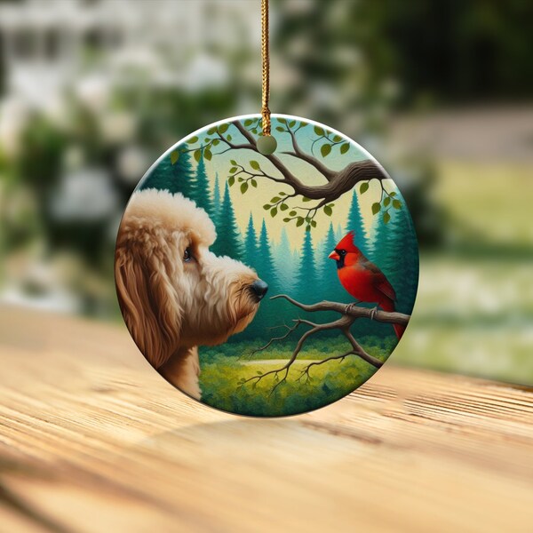 Cardinal and Goldendoodle Ceramic Ornament, Oil Paint Style Design, Cardinal Lovers Gift, Mothers Day, Bird Lover, Red Cardinal and Dog Gift
