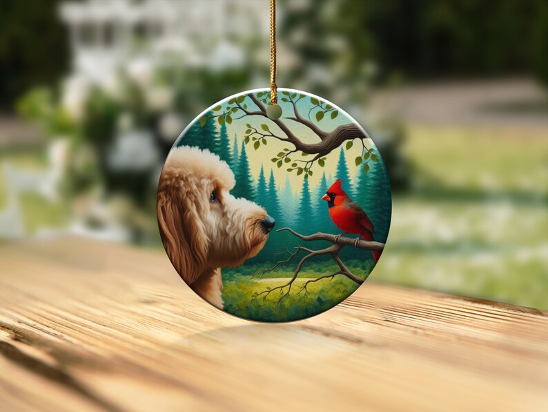 Cardinal and Goldendoodle Ceramic Ornament, Oil Paint Style Design, Cardinal Lovers Gift, Mothers Day, Bird Lover, Red Cardinal and Dog Gift