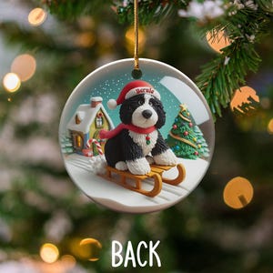Dog Sled Snowglobe, Custom Bernedoodle Ornament | Ceramic | Double-Sided Sublimation Print, Holiday Tree Charm, 3 Inch immagine 3