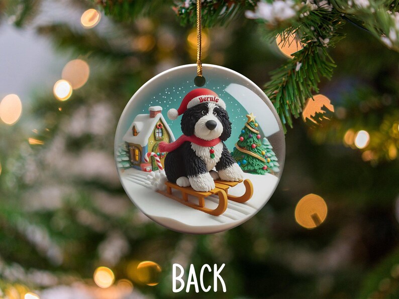 Dog Sled Snowglobe, Custom Bernedoodle Ornament | Ceramic | Double-Sided Sublimation Print, Holiday Tree Charm, 3 Inch immagine 3