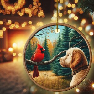 Ornamento de cerâmica com cardeal e cachorro Goldendoodle, estilo pintura a óleo. imagem 18