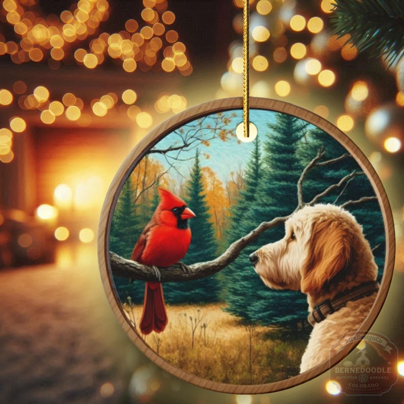 Ornamento de cerâmica com cardeal e cachorro Goldendoodle, estilo pintura a óleo. imagem 18