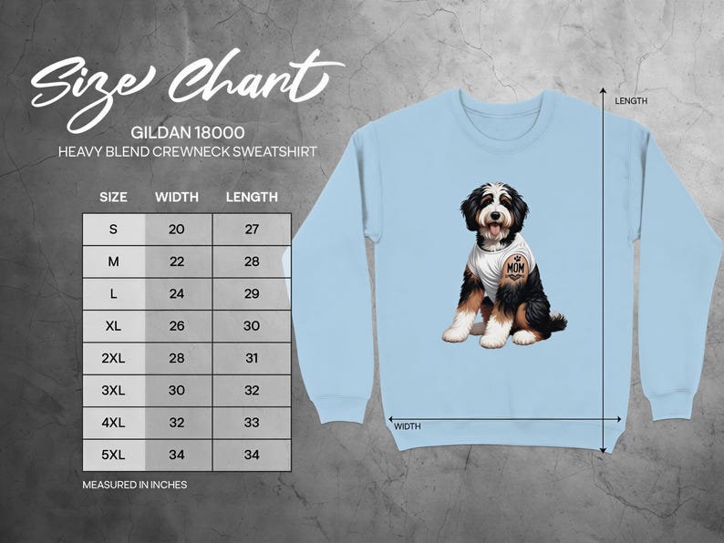 A size chart for a GILDA 18000 heavy blend crew neck sweatshirt, with a blue dog image on the front.