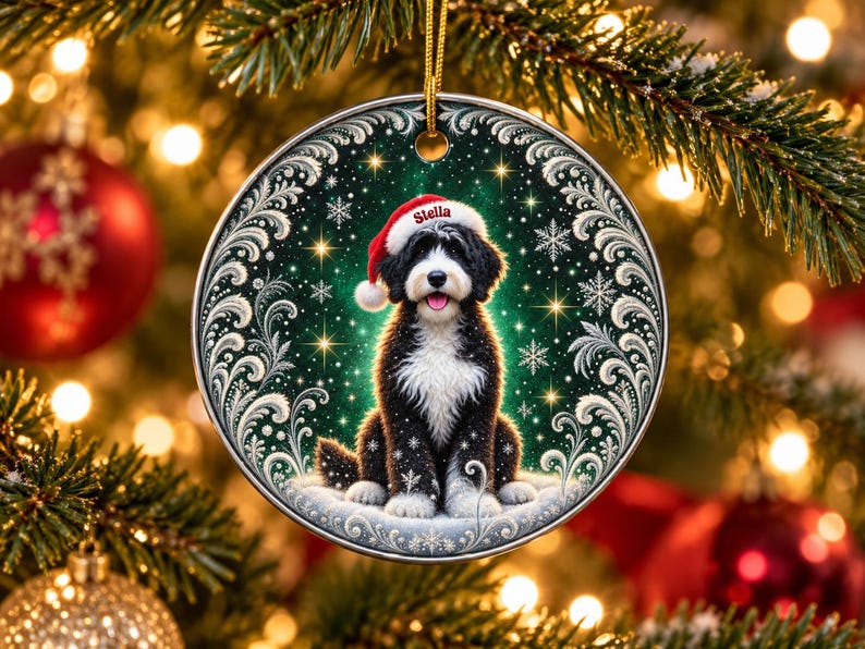 May include: A round ceramic Christmas ornament featuring a black and white Bernedoodle dog wearing a red Santa hat with the name Stella printed on the brim. The dog sits against a dark green background with white snowflakes and swirling filigree.