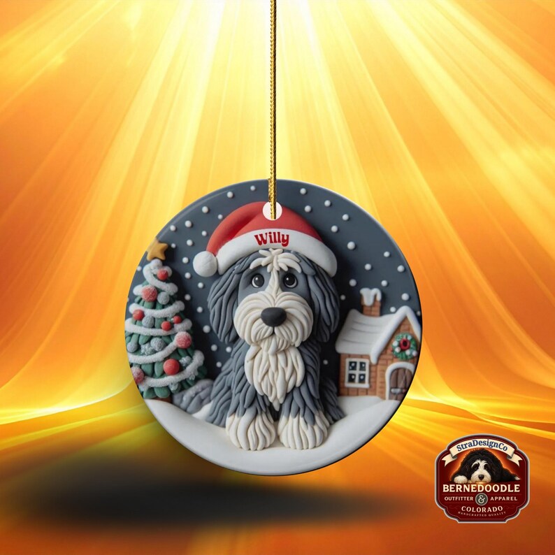 Christmas dog sheepadoodle ceramic ornament hanging on display in the Christmas living room!  Cute santa hat puppy decor, personalized pet ornament, holiday tree decoration, custom dog gift, festive pet decor.  Doodle lover Christmas decoration for Sheepadoodle Sheepa Doodle Moms!