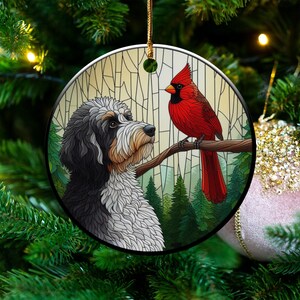 Cardinal and Bernedoodle Dog Ceramic Ornament, Oil Paint Style Design, Cardinal Lovers Gift, Mothers Day Gifts Bird Lovers Dog Mom Ornament