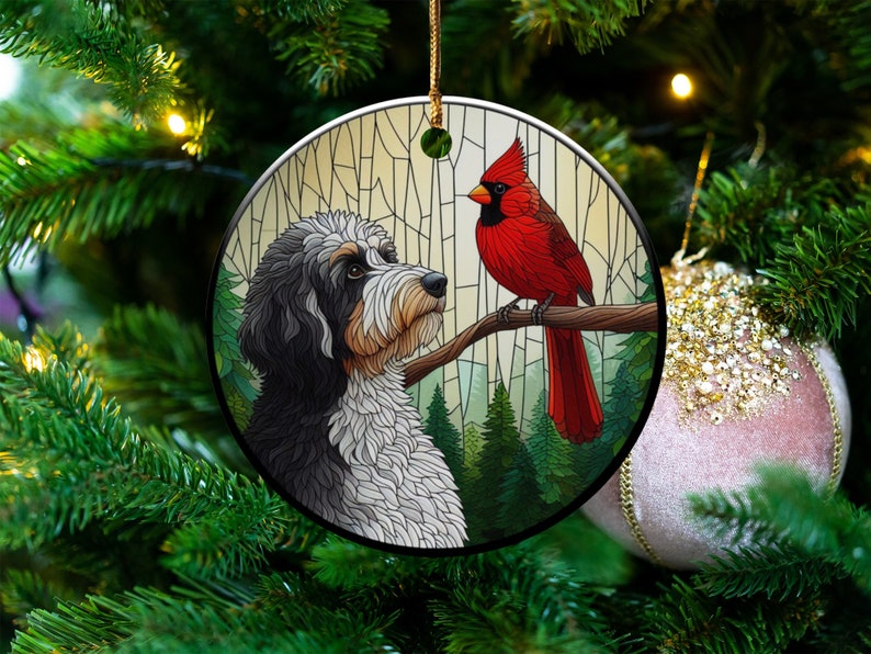 Cardinal and Bernedoodle Dog Ceramic Ornament, Oil Paint Style Design, Cardinal Lovers Gift, Mothers Day Gifts Bird Lovers Dog Mom Ornament