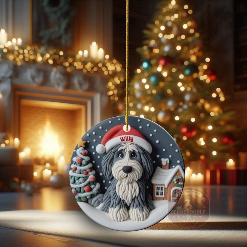 Christmas dog sheepadoodle ceramic ornament, Santa hat puppy decor, personalized pet ornament, holiday tree decoration, custom dog gift, festive pet decor.  Doodle lover Christmas decoration for Sheepadoodle Sheepa Doodle Moms!
