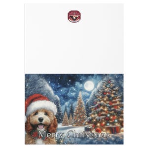 Merry Christmas Card with Cute Dog, Festive Holiday Greeting Card, Christmas Trees and Snow, Perfect Seasonal Wishes