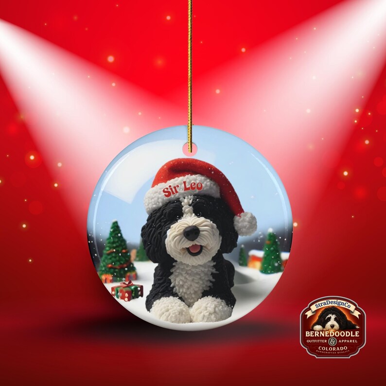 Bernedoodle Ornament, Personalized Ceramic Keepsake | Double Sided Sublimation | Custom Holiday Dog Name Decor image 9