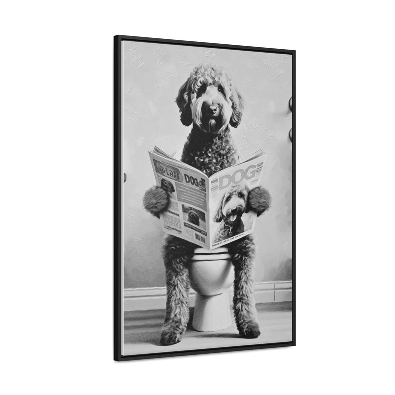 Black and White Canvas Goldendoodle Toilet Pet Portrait, Dog Reading Dog Magazine, Guest bathroom Framed Art, Doodle Lover gift, pet lovers image 10