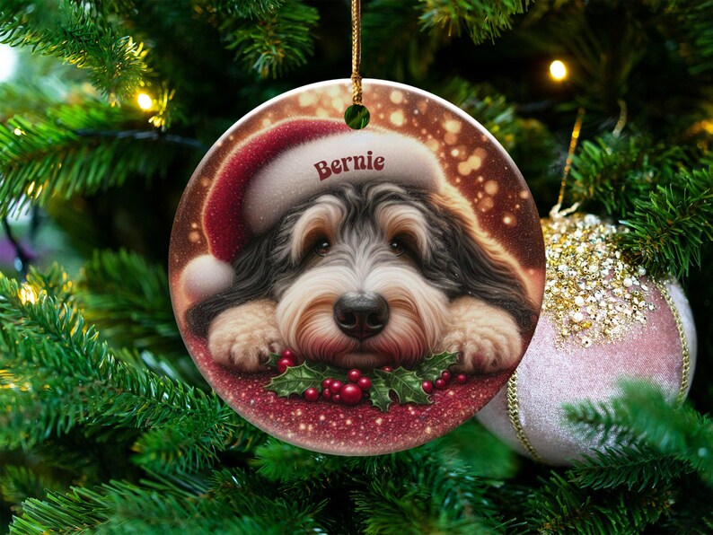 Tri Fade Bernedoodle Ornament, Custom Pet Keepsake | Sublimation Ceramic | 3 Inch Round Holiday Tree Decor image 5