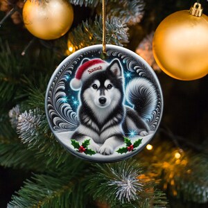 Black Husky Keepsake, Personalized Santa Hat Ornament | Sublimation Ceramic | 3 Inch Glossy Holiday Decor image 10