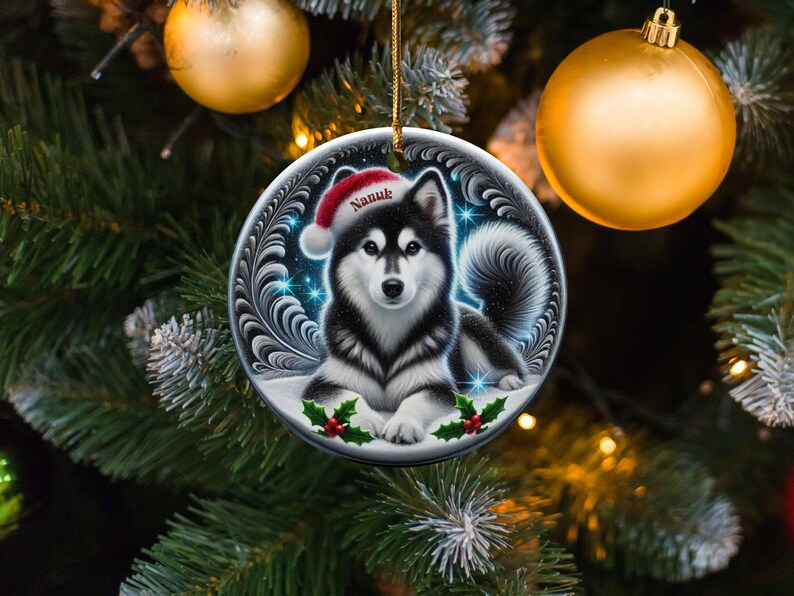 Black Husky Keepsake, Personalized Santa Hat Ornament | Sublimation Ceramic | 3 Inch Glossy Holiday Decor image 10