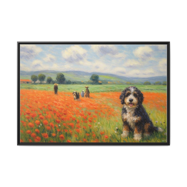 Bernedoodle Classic in un campo di papaveri - Tela incorniciata immagine 5