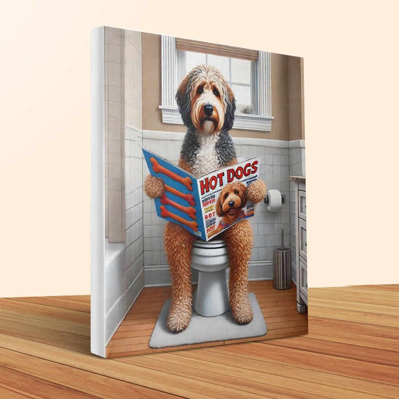 Rolig klotterhund canvastavla, badrumshumor, present till husdjursälskare bild 5
