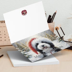 Merry Christmas greeting card, cute dog in Santa hat, festive holiday card, Christmas card with dog, pet lovers Christmas card