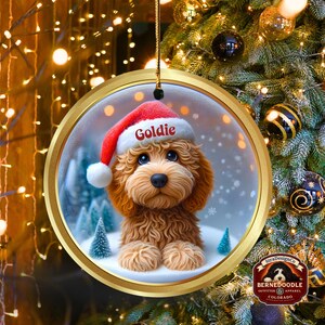 Goldendoodle ceramic 3 inch ornament in vibrant color and claymation style design.  Full gloss and printed on both sides.  It's hung with a gold string.