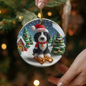 Bernedoodle Ornament, Festive Dog Sled - Snow Globe Style (3 Inch Ceramic, Sublimation) immagine 9