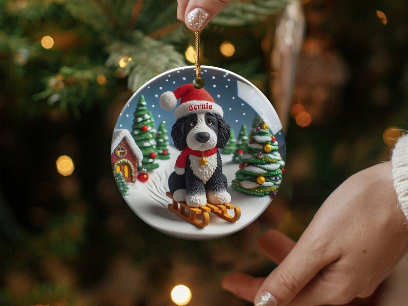 Bernedoodle Ornament, Festive Dog Sled - Snow Globe Style (3 Inch Ceramic, Sublimation) immagine 9