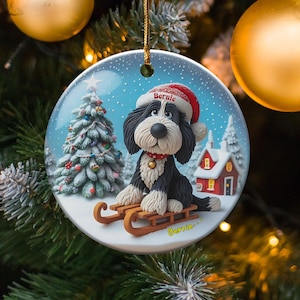 Christmas Ornament, Bernedoodle Sledding Scene | Sublimation Ceramic Decor | 3-Inch Glossy Flat Double-Sided image 1
