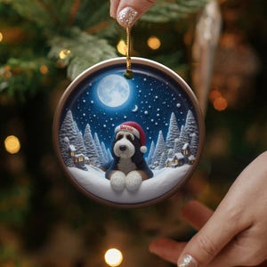 Personalized Dog Christmas Ornament, Custom Pet Holiday Decoration, Cute Puppy In Santa Hat, Winter Wonderland Scene
