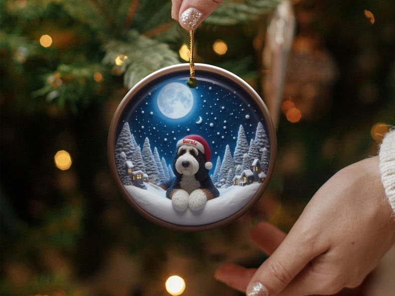 Personalized Dog Christmas Ornament, Custom Pet Holiday Decoration, Cute Puppy In Santa Hat, Winter Wonderland Scene