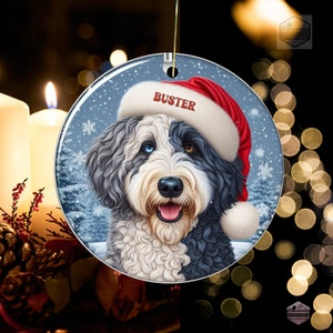 Merle Bernedoodle Ceramic Ornament, showcasing stunning blue eyes. Personalized ornament with your dogs name